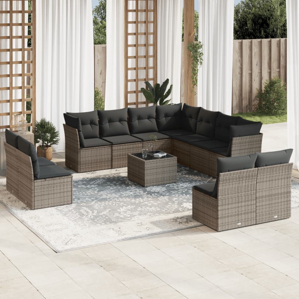 12-delige Loungeset met kussens poly rattan grijs