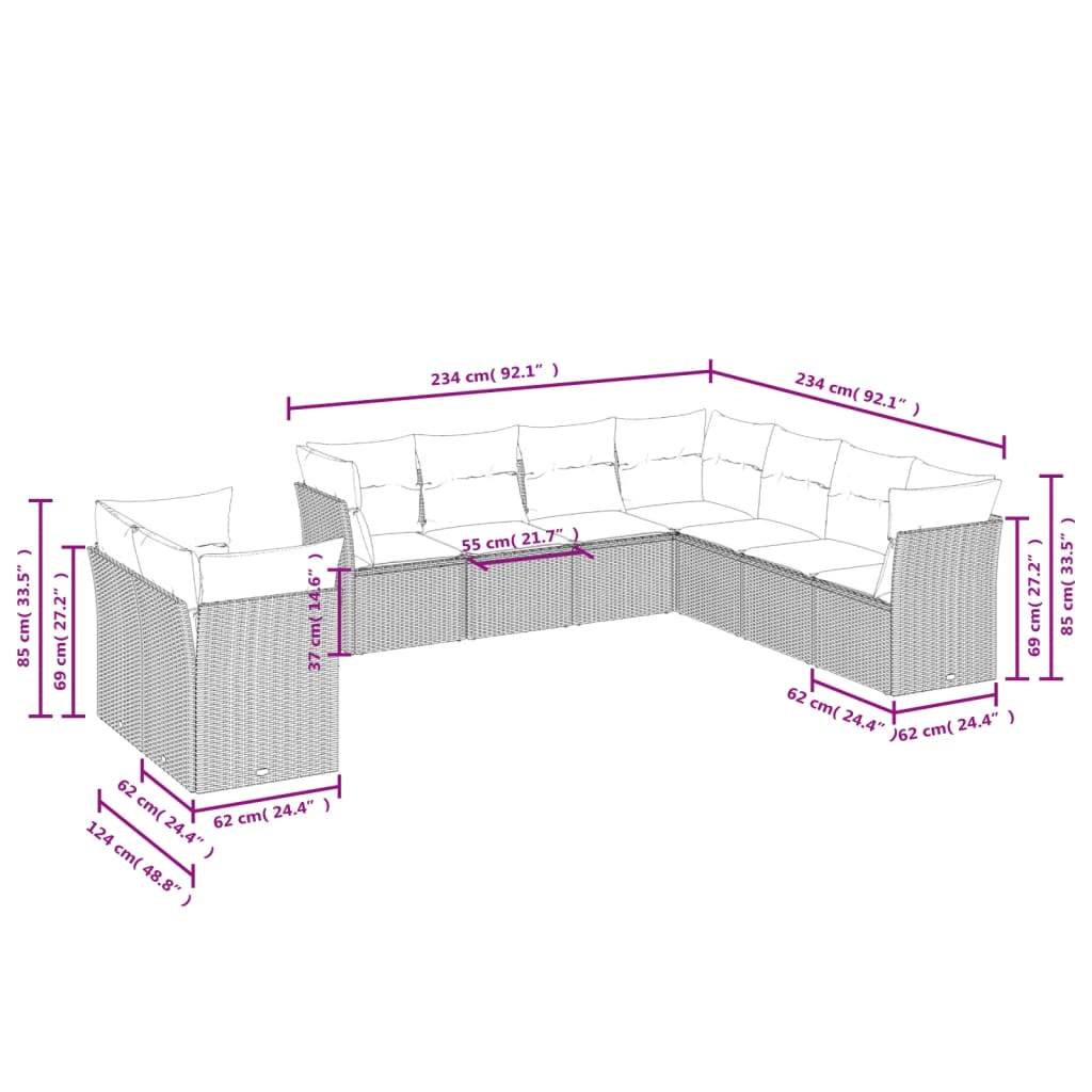 9-delige Loungeset met kussens poly rattan