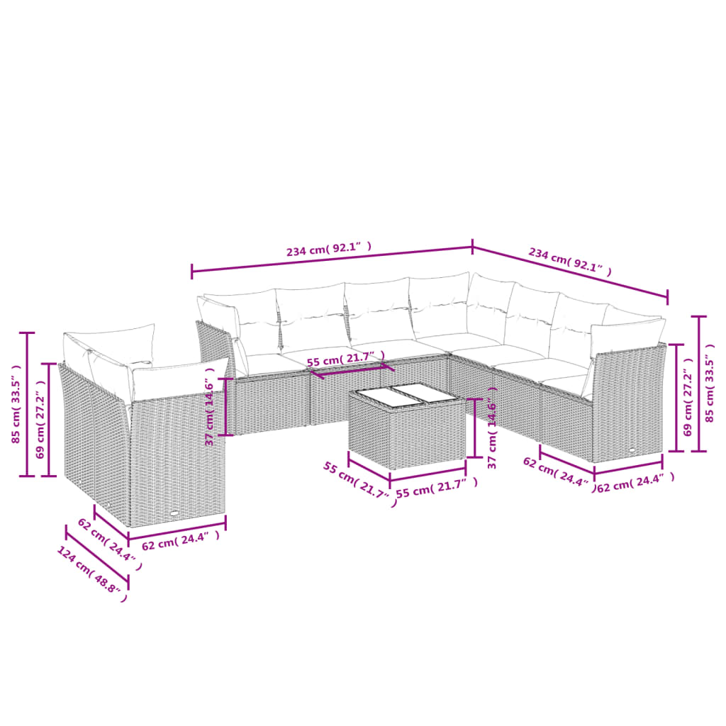 9-delige Loungeset met kussens poly rattan