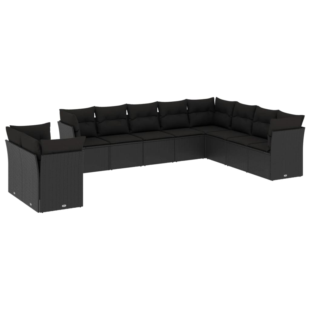 10-delige Loungeset met kussens poly rattan zwart