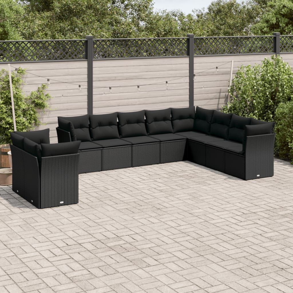 10-delige Loungeset met kussens poly rattan zwart