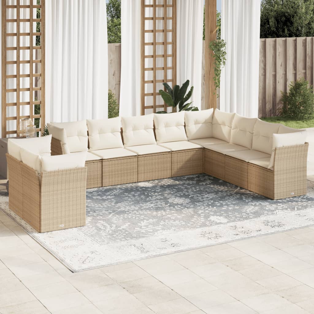 10-delige Loungeset met kussens poly rattan zwart