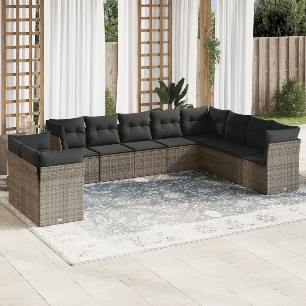 10-delige Loungeset met kussens poly rattan zwart