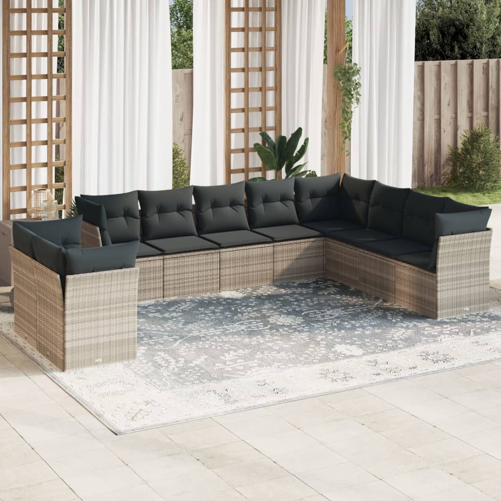 10-delige Loungeset met kussens poly rattan zwart