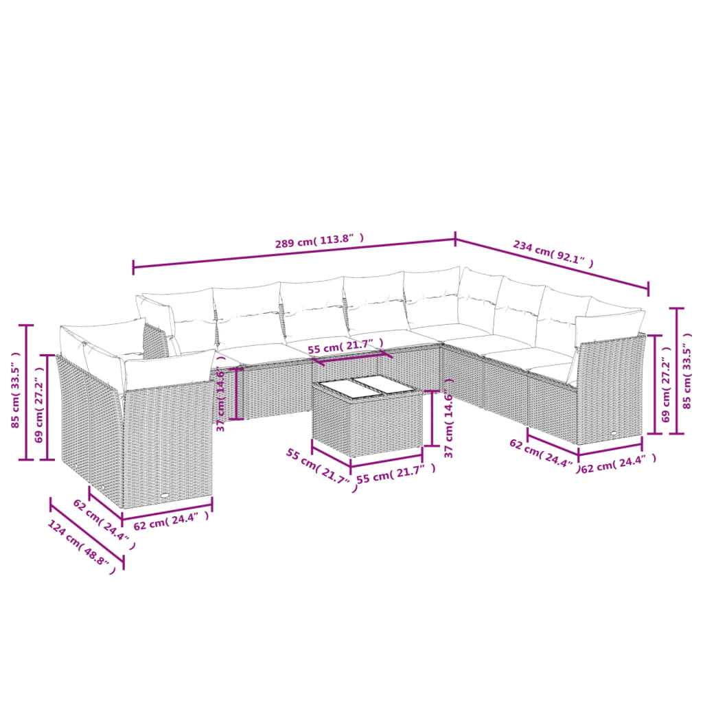 10-delige Loungeset met kussens poly rattan zwart