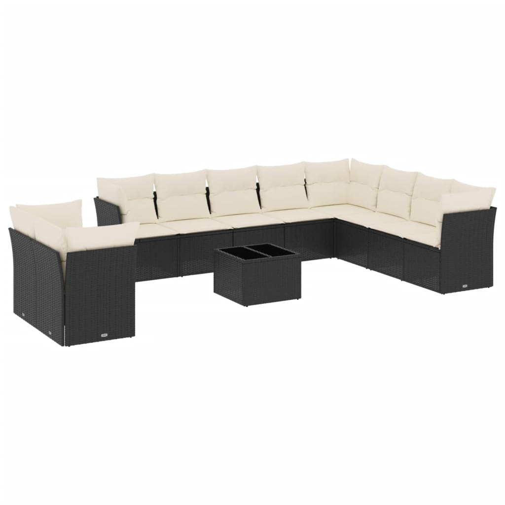 10-delige Loungeset met kussens poly rattan zwart