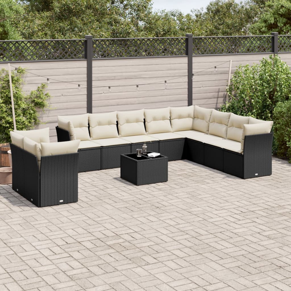 10-delige Loungeset met kussens poly rattan zwart