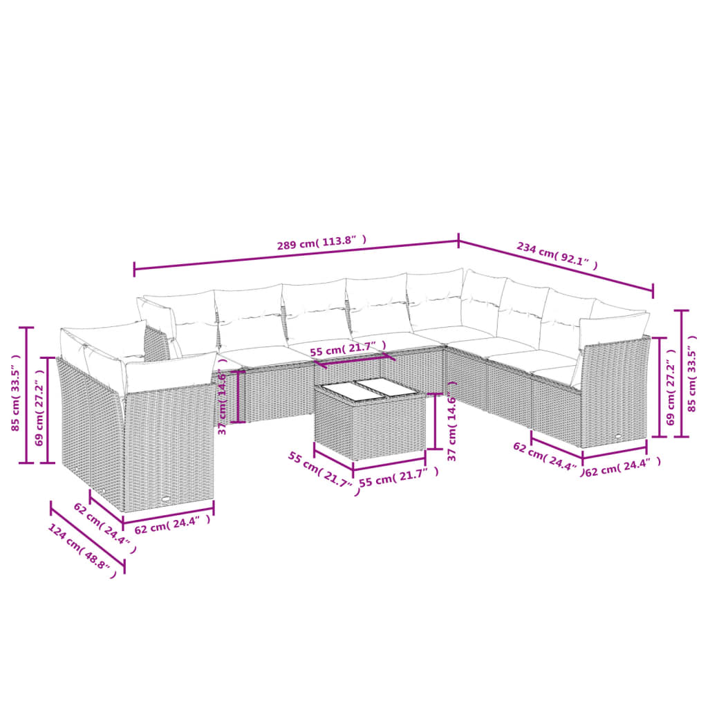 11-delige Loungeset met kussens poly rattan grijs