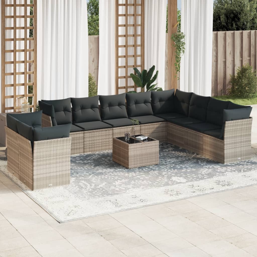 10-delige Loungeset met kussens poly rattan zwart