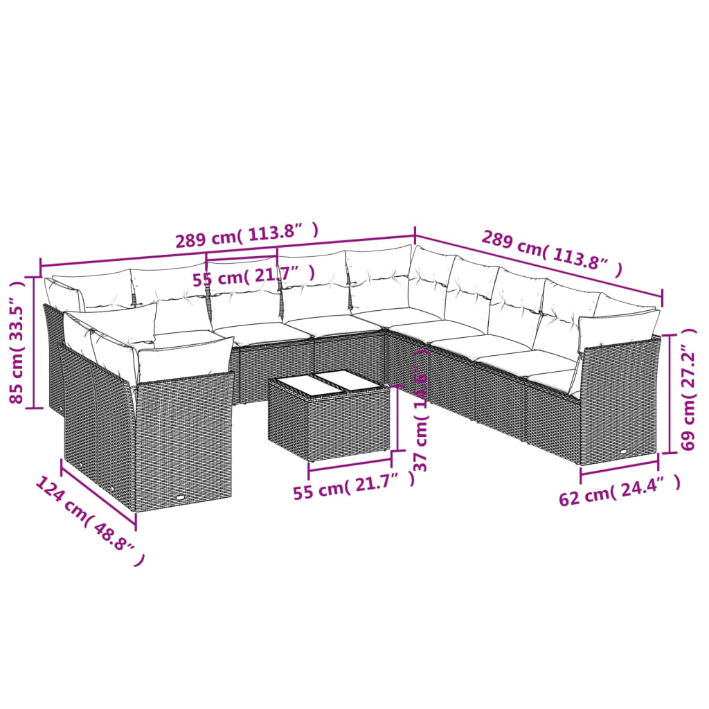 12-delige Loungeset met kussens poly rattan grijs