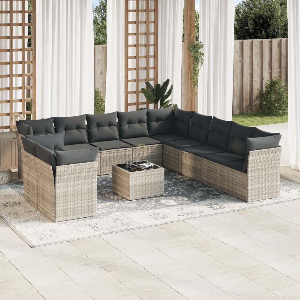 12-delige Loungeset met kussens poly rattan grijs