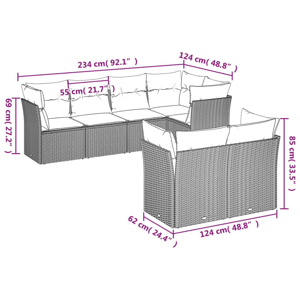 7-delige Loungeset met kussens poly rattan