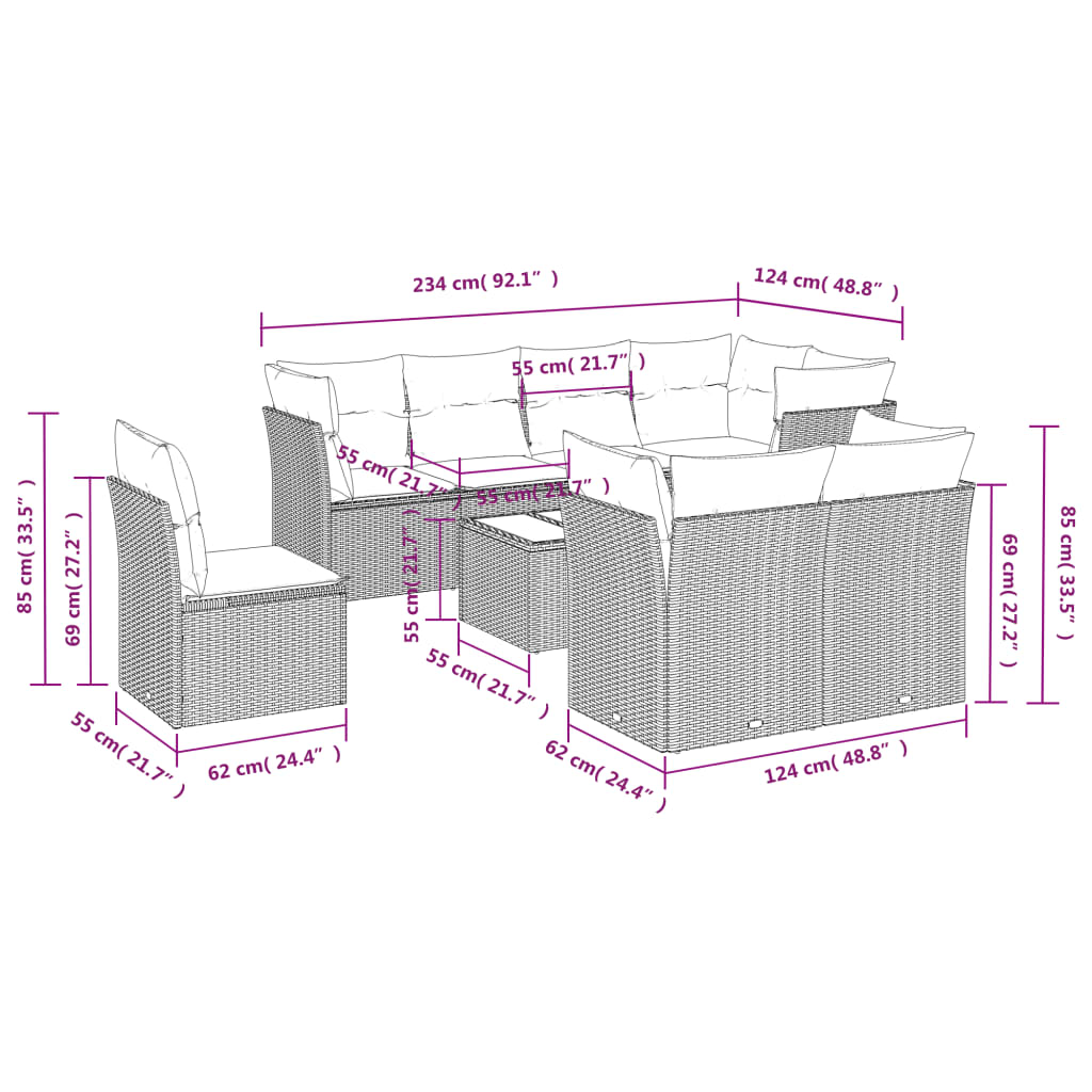 9-delige Loungeset met kussens poly rattan