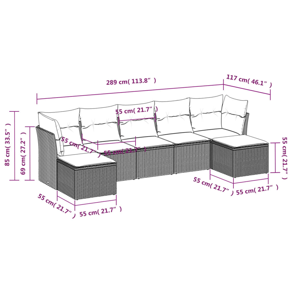 7-delige Loungeset met kussens poly rattan