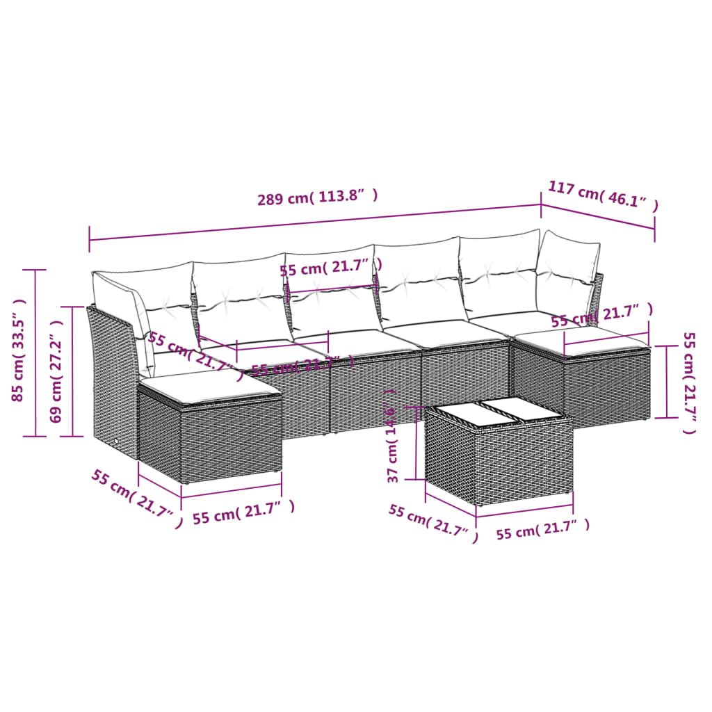 7-delige Loungeset met kussens poly rattan