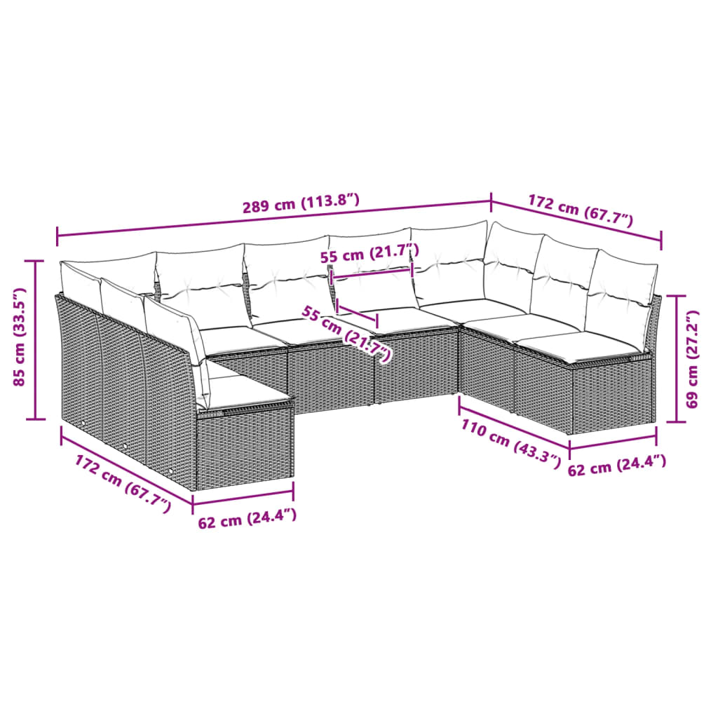 10-delige Loungeset met kussens poly rattan beige