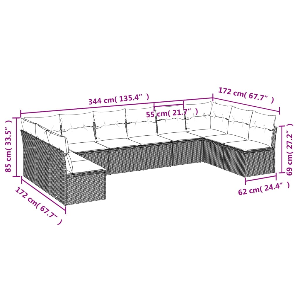 11-delige Loungeset met kussens poly rattan zwart