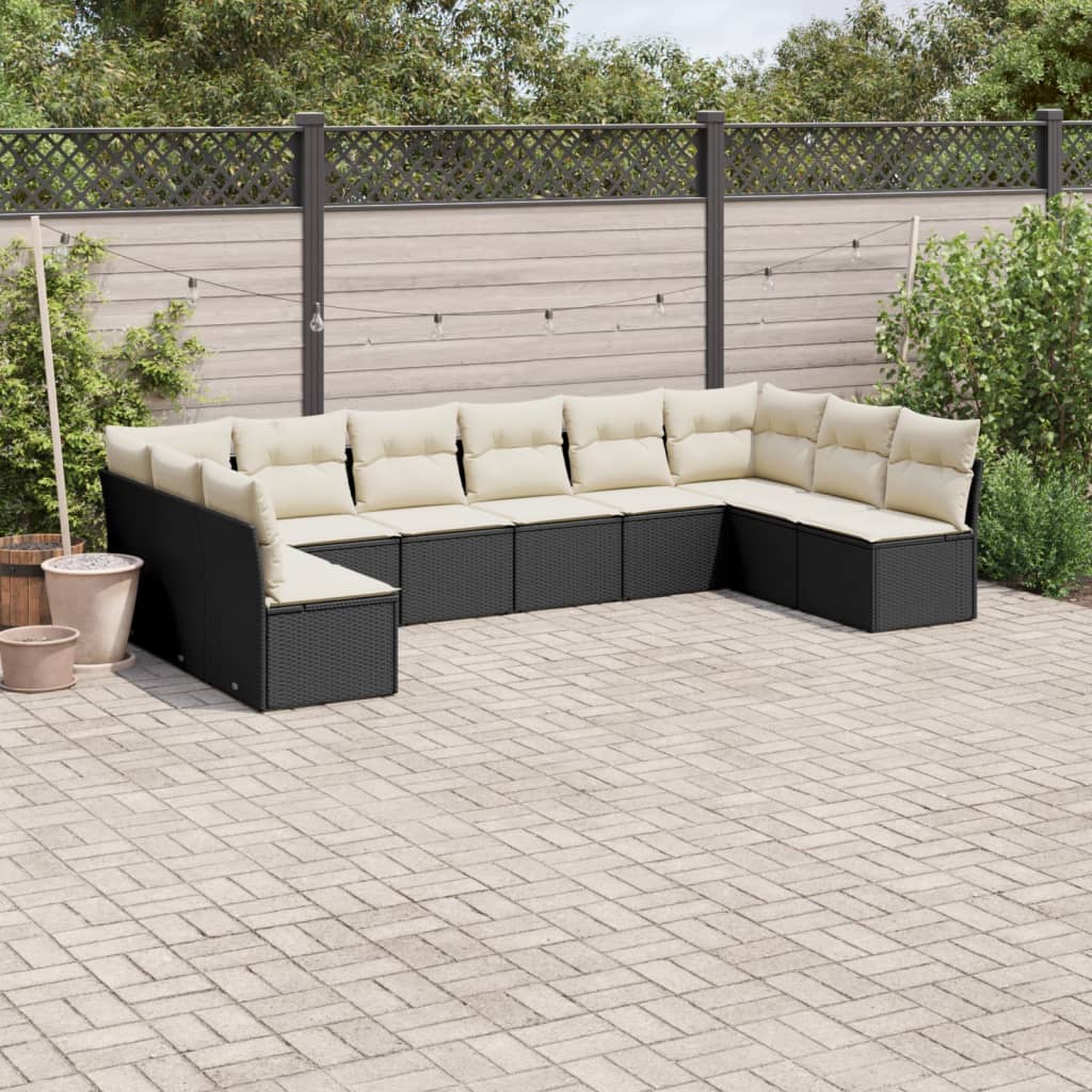 11-delige Loungeset met kussens poly rattan zwart