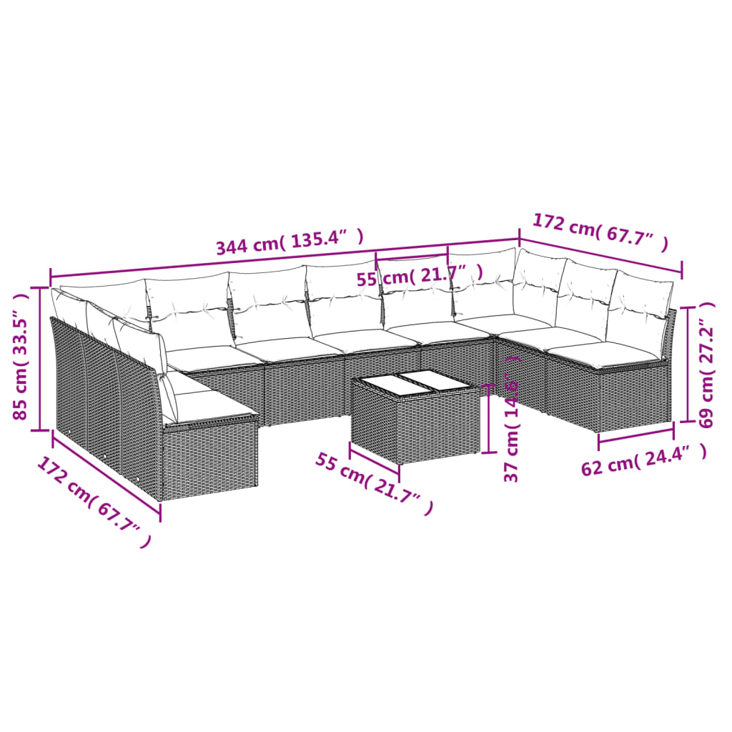 11-delige Loungeset met kussens poly rattan