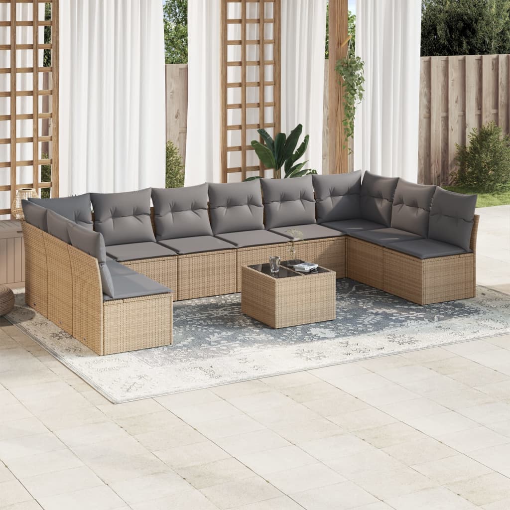 11-delige Loungeset met kussens poly rattan zwart