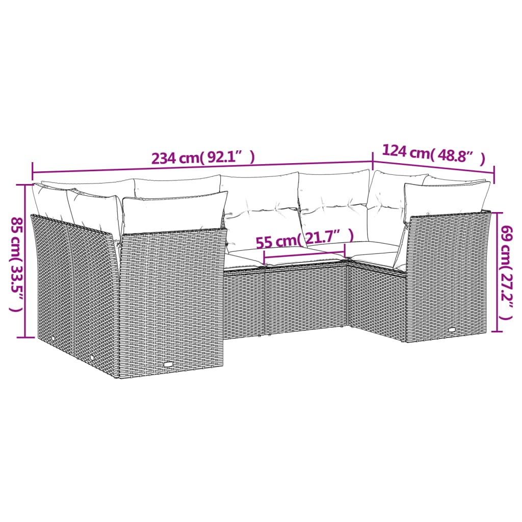 6-delige Loungeset met kussens poly rattan