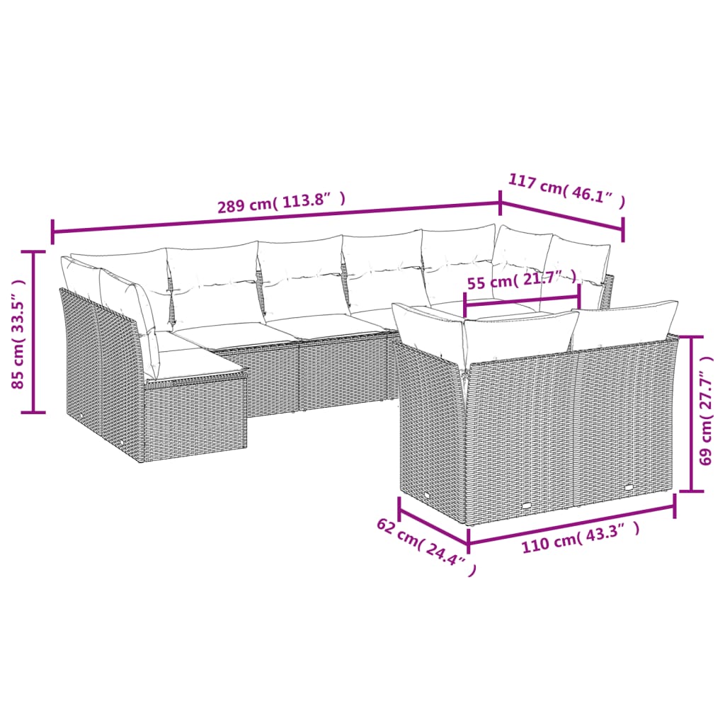 10-delige Loungeset met kussens poly rattan beige