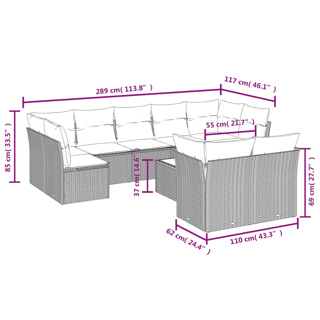 10-delige Loungeset met kussens poly rattan