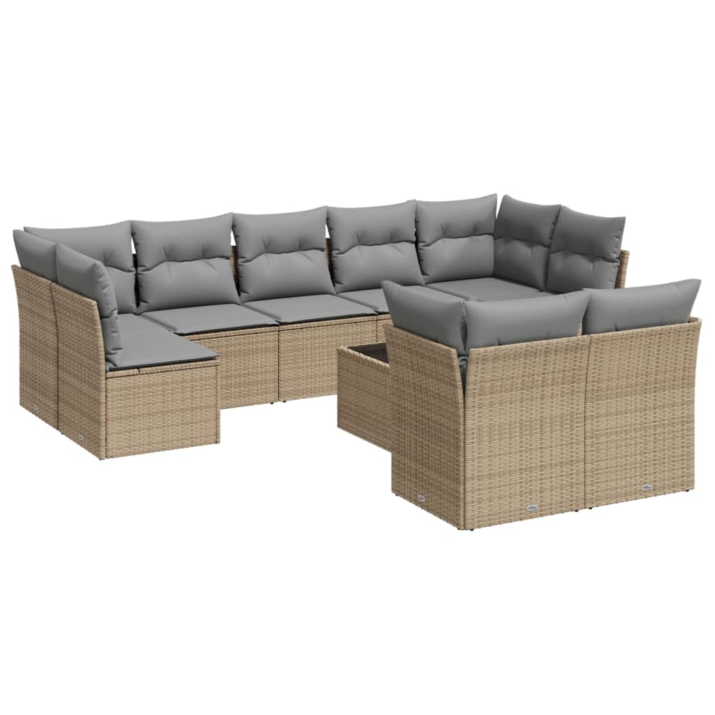 10-delige Loungeset met kussens poly rattan beige