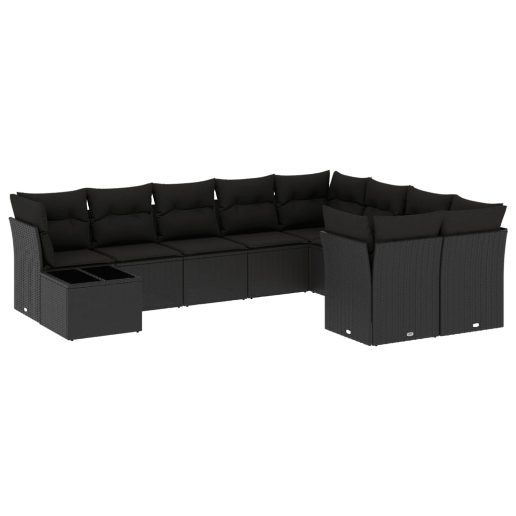 10-delige Loungeset met kussens poly rattan zwart