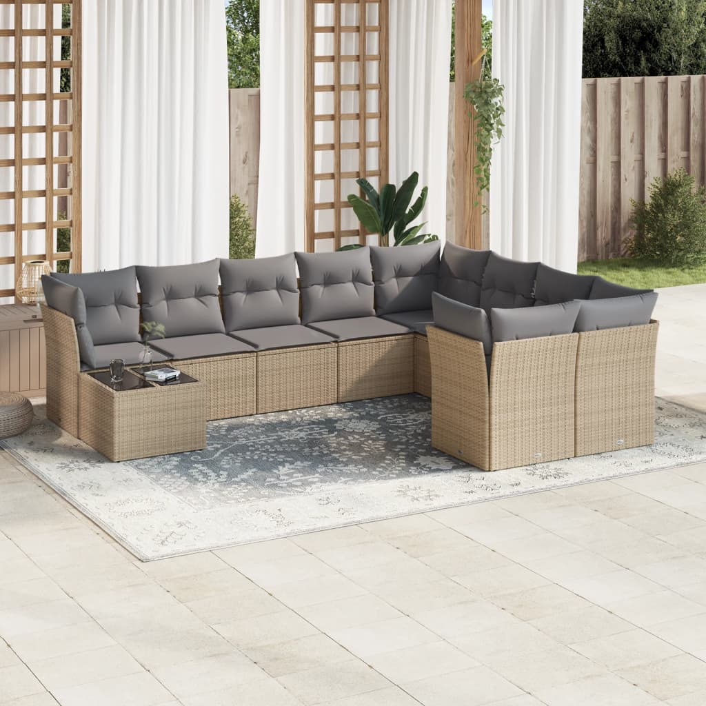 10-delige Loungeset met kussens poly rattan beige