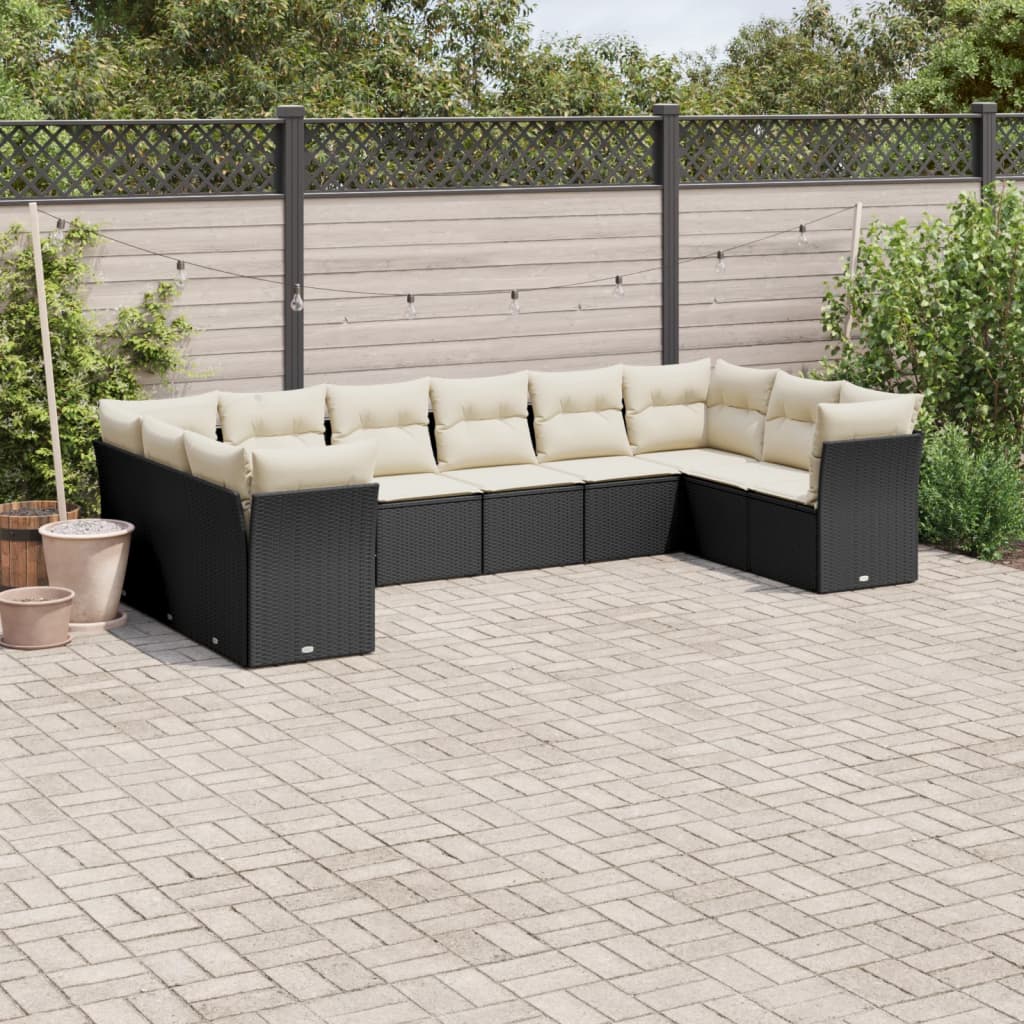 10-delige Loungeset met kussens poly rattan zwart