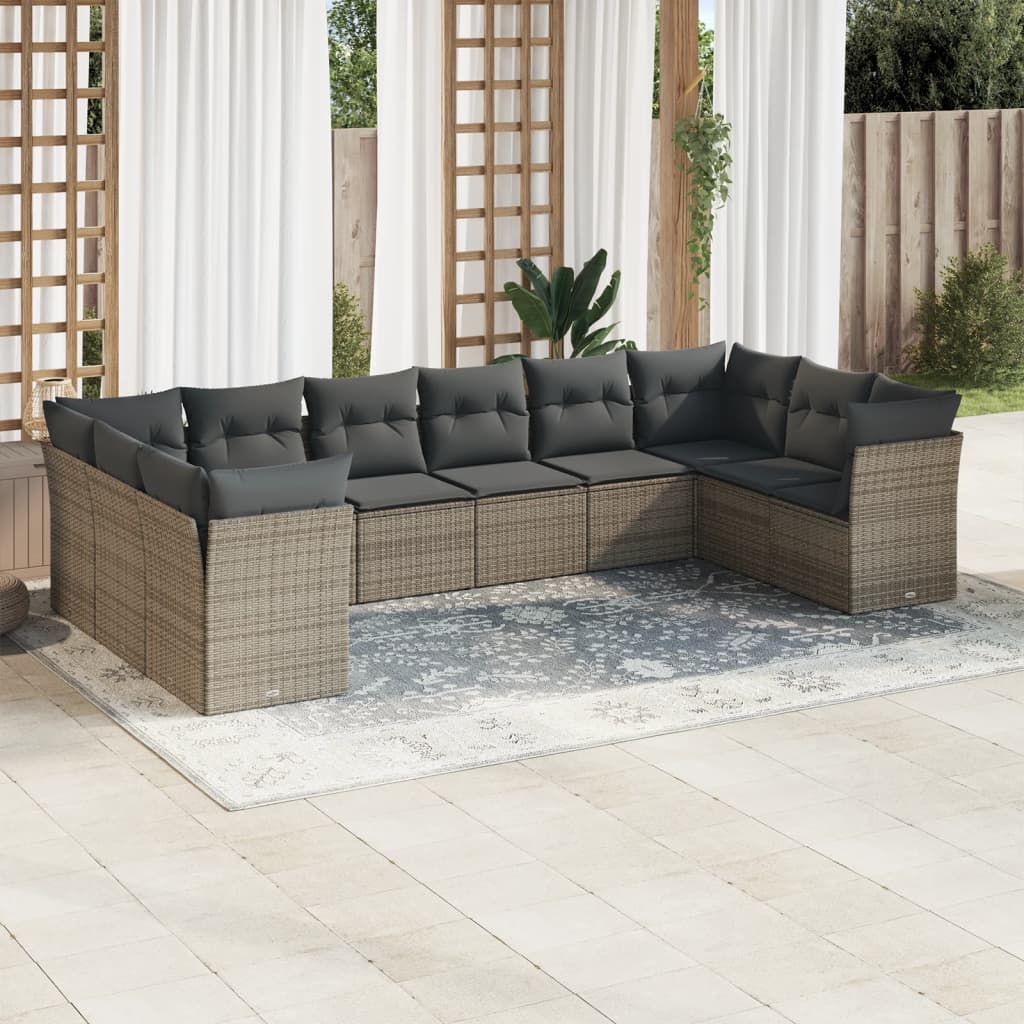 10-delige Loungeset met kussens poly rattan zwart