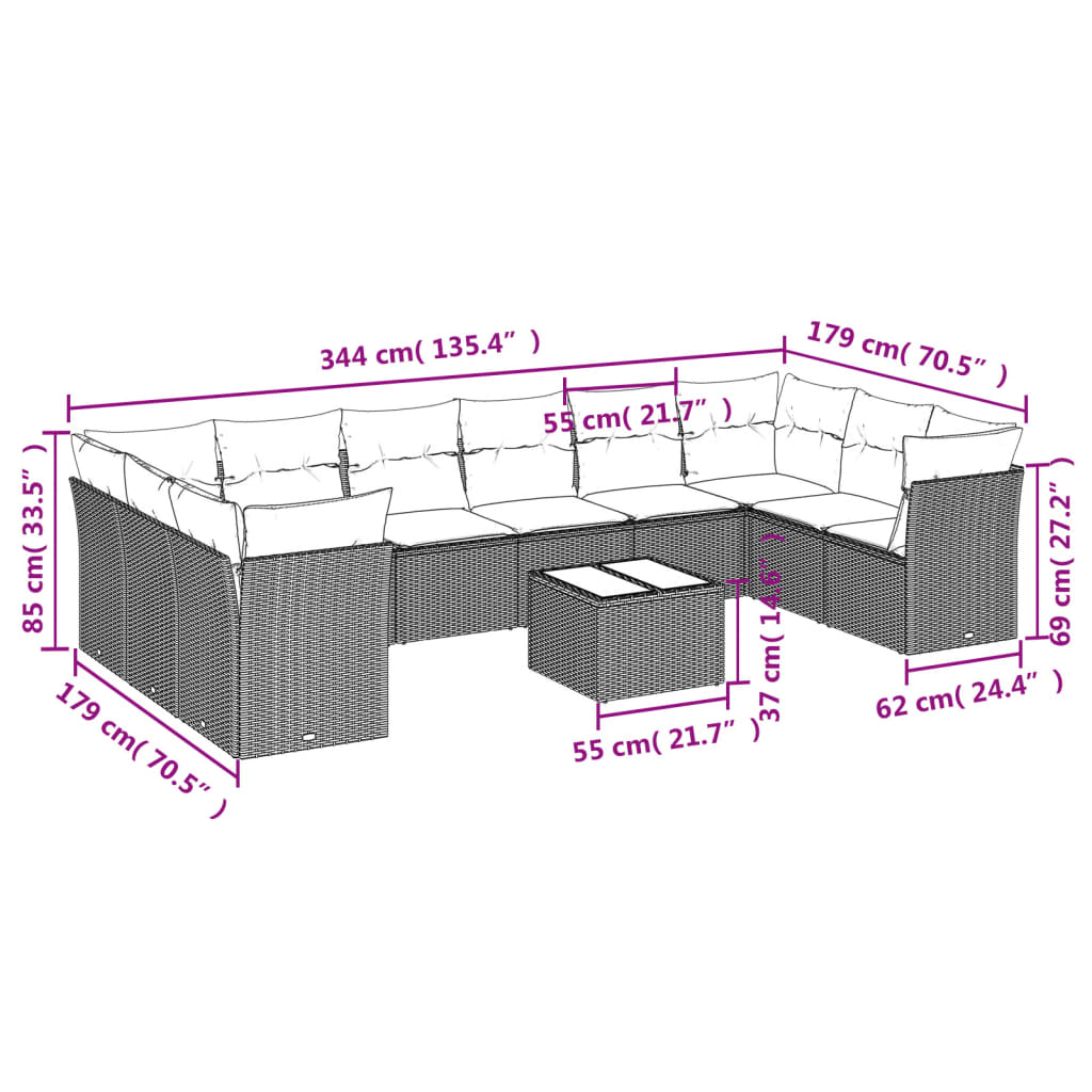 10-delige Loungeset met kussens poly rattan zwart