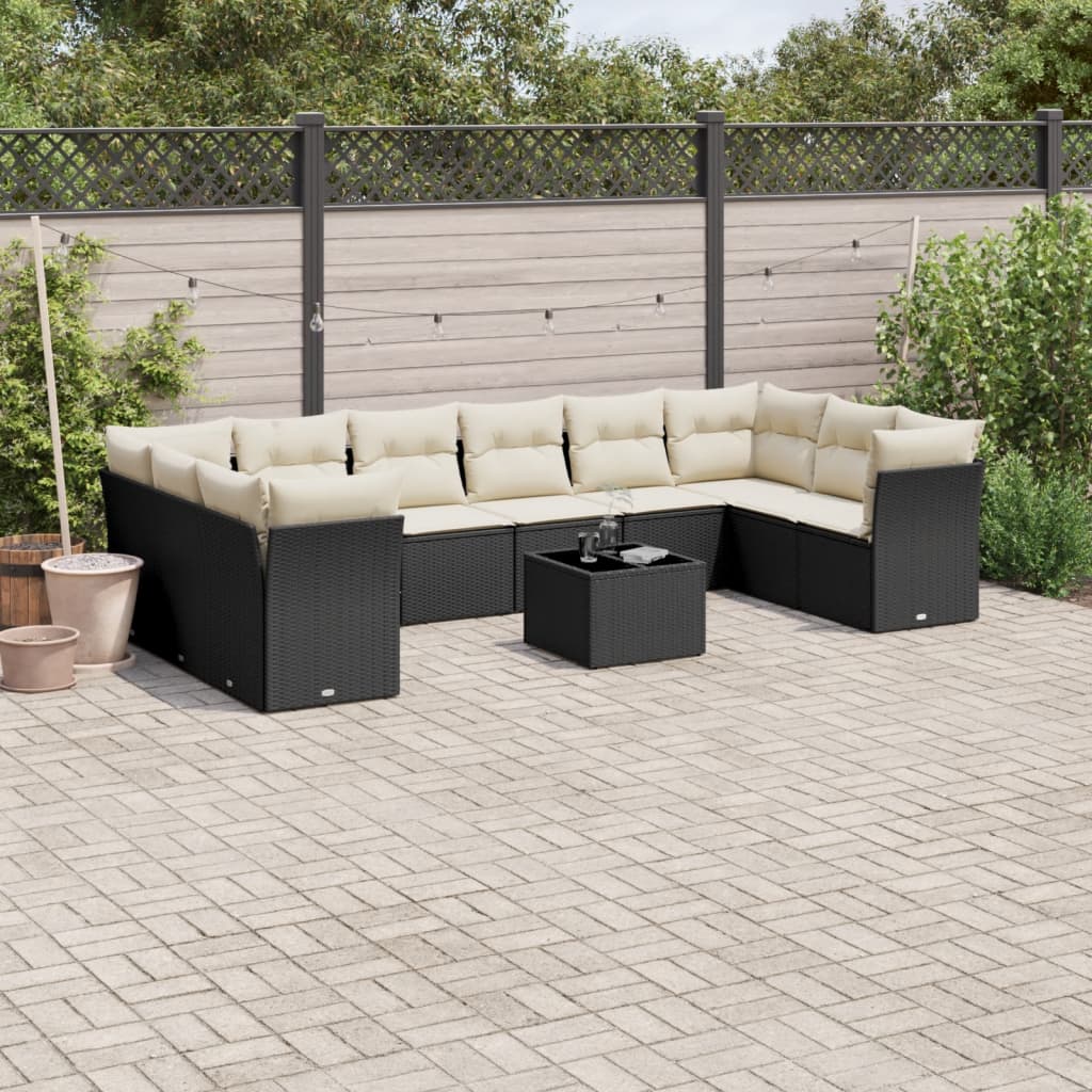 10-delige Loungeset met kussens poly rattan zwart