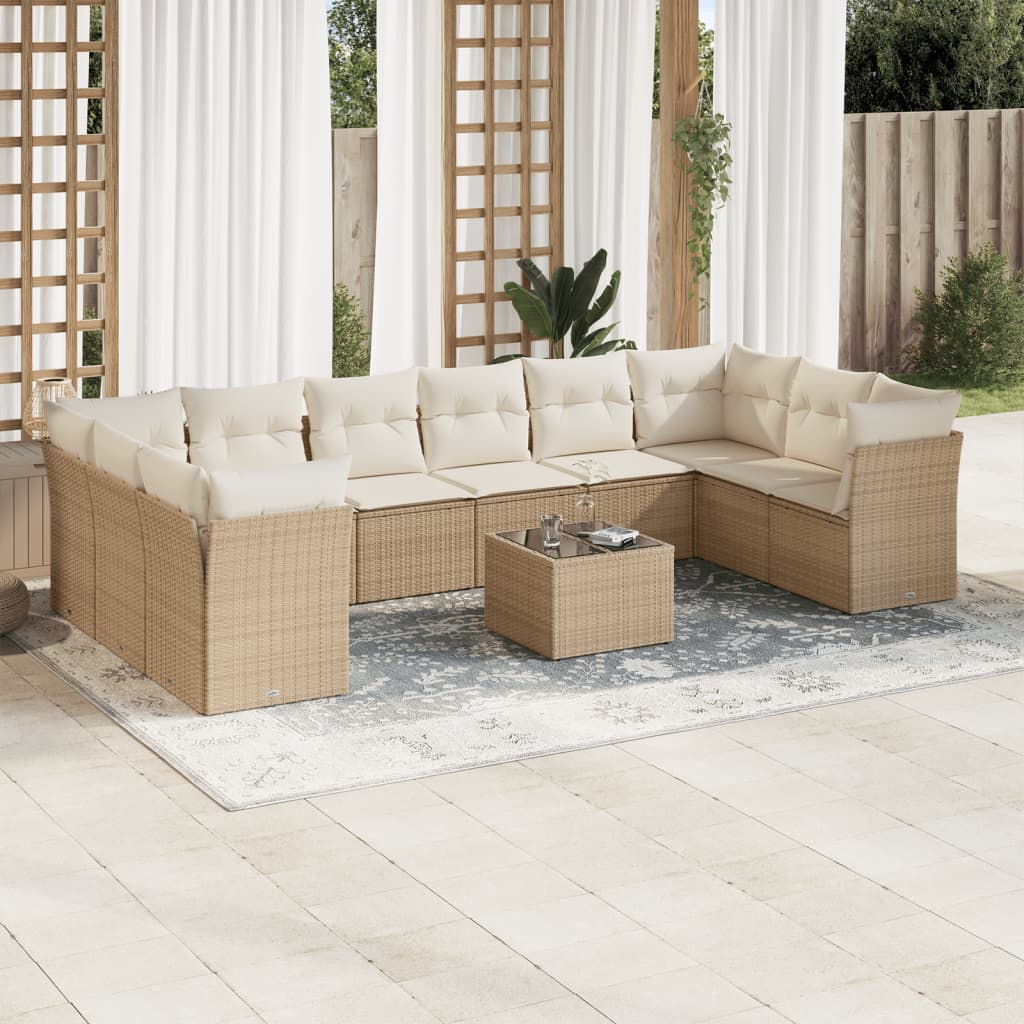 10-delige Loungeset met kussens poly rattan zwart