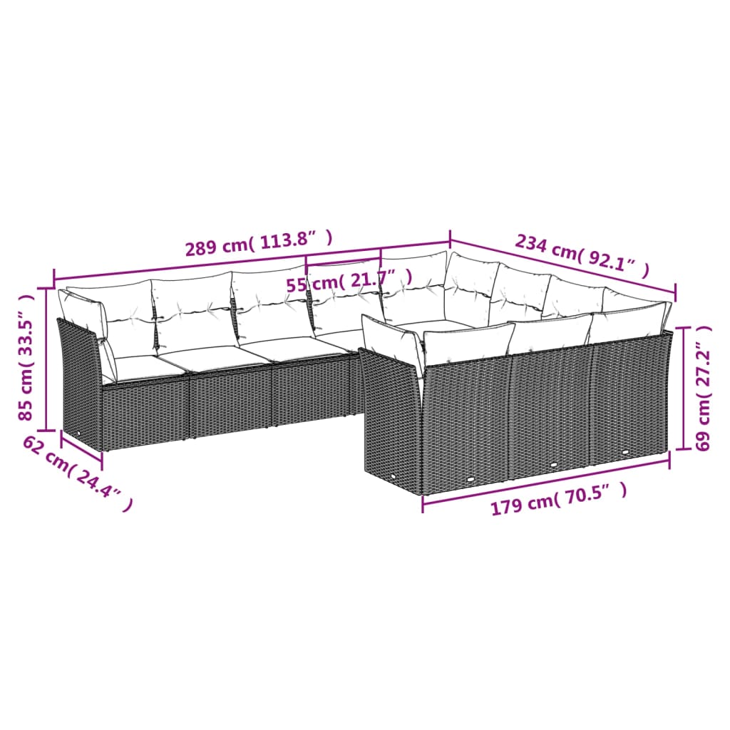 11-delige Loungeset met kussens poly rattan grijs