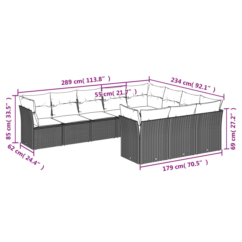 10-delige Loungeset met kussens poly rattan bruin