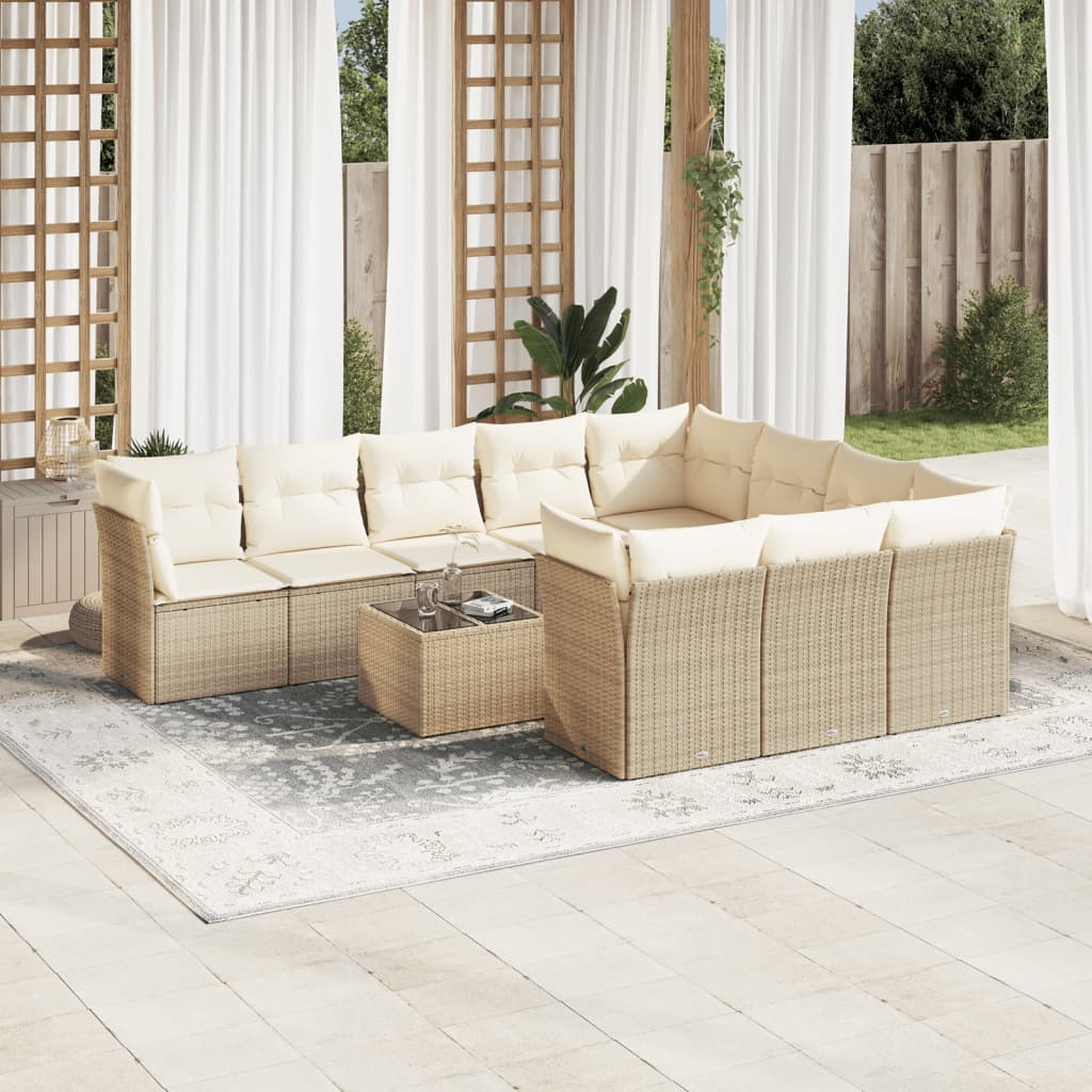 10-delige Loungeset met kussens poly rattan bruin