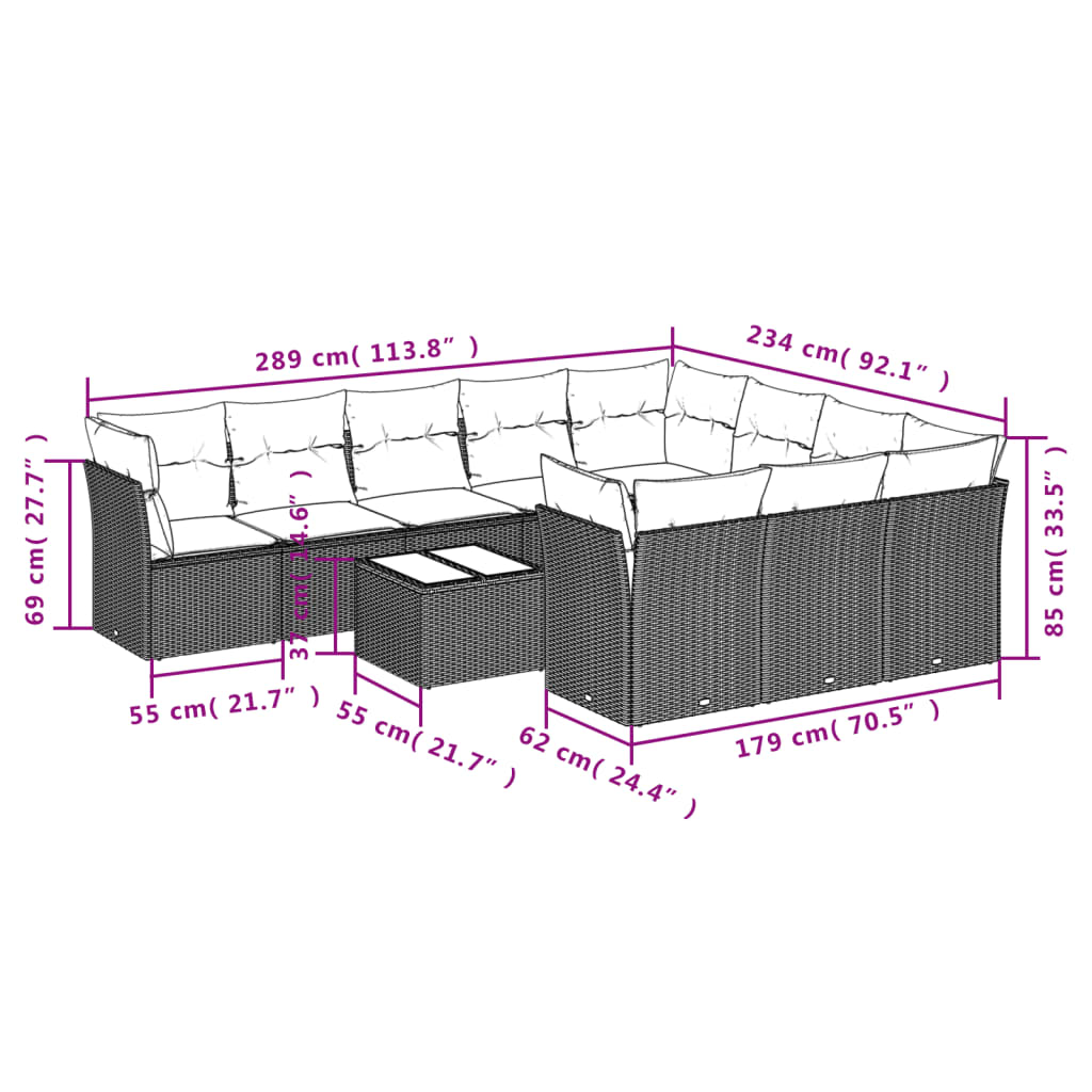 11-delige Loungeset met kussens poly rattan grijs