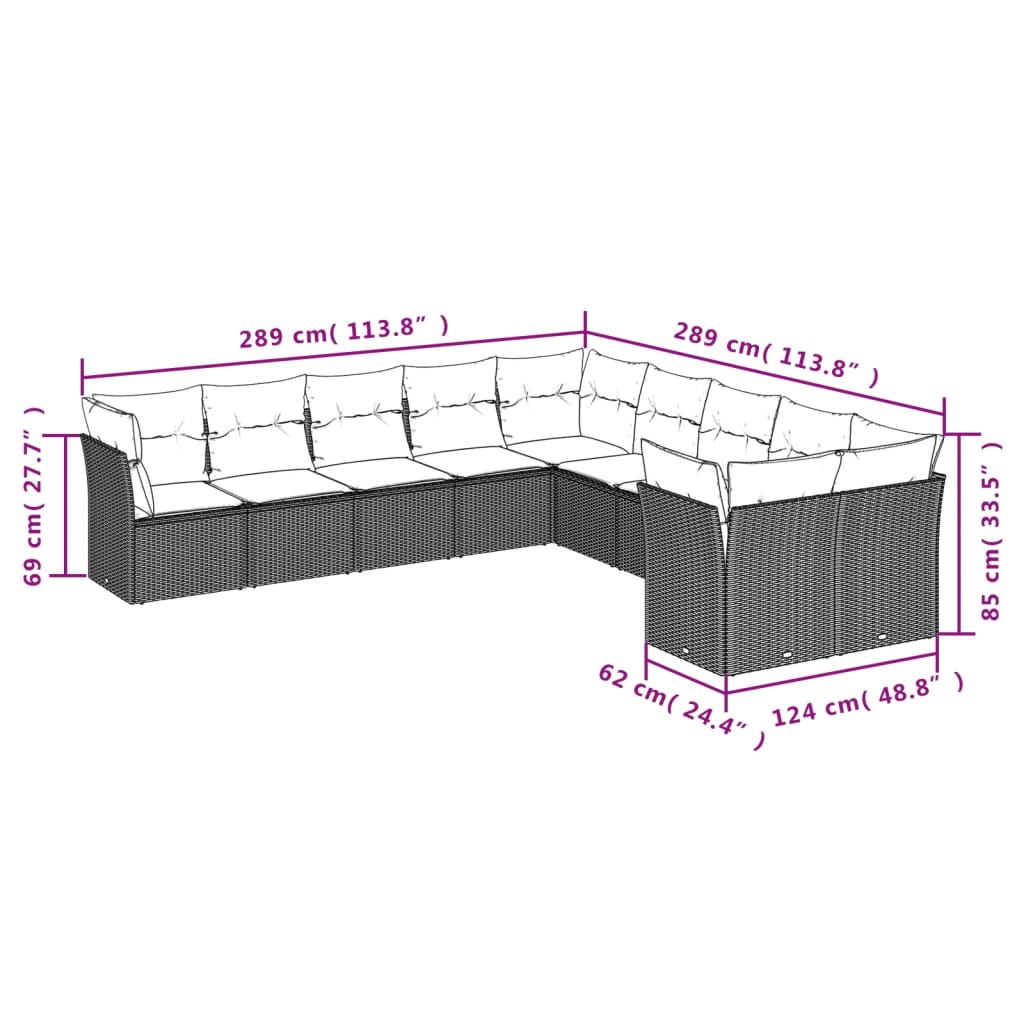 10-delige Loungeset met kussens poly rattan