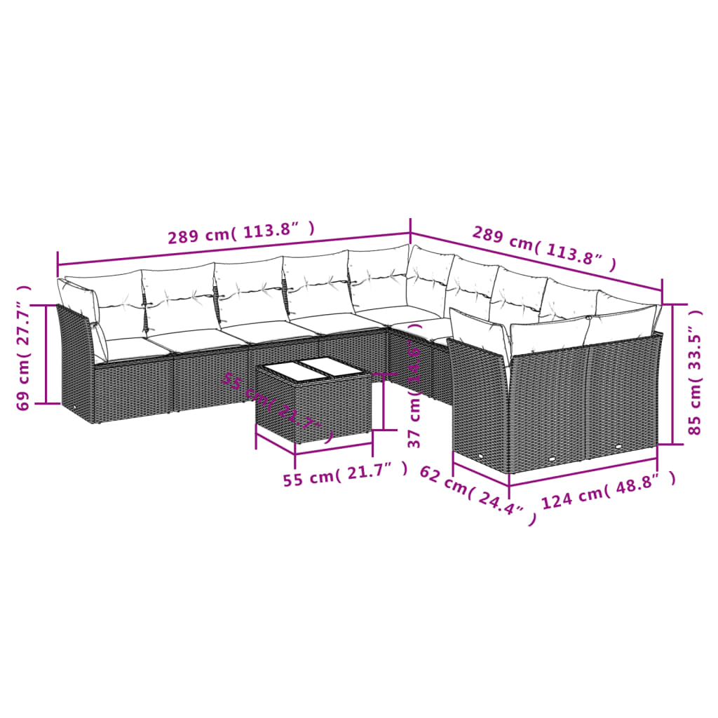 11-delige Tuinset met kussens poly rattan beige