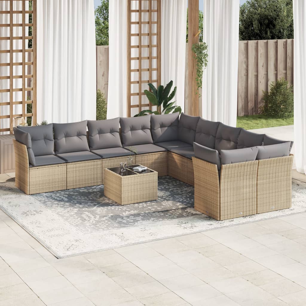 11-delige Tuinset met kussens poly rattan beige