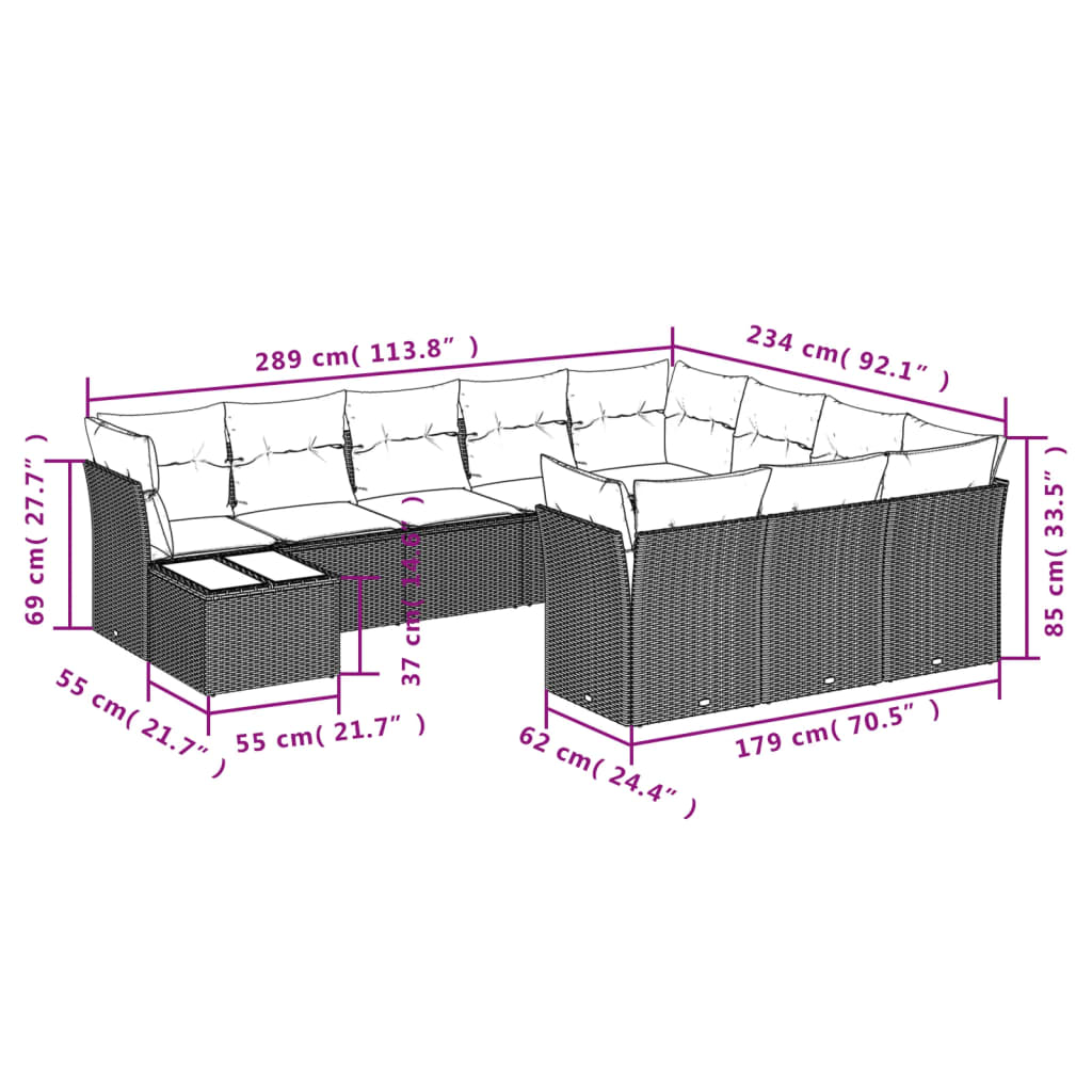 11-delige Loungeset met kussens poly rattan grijs