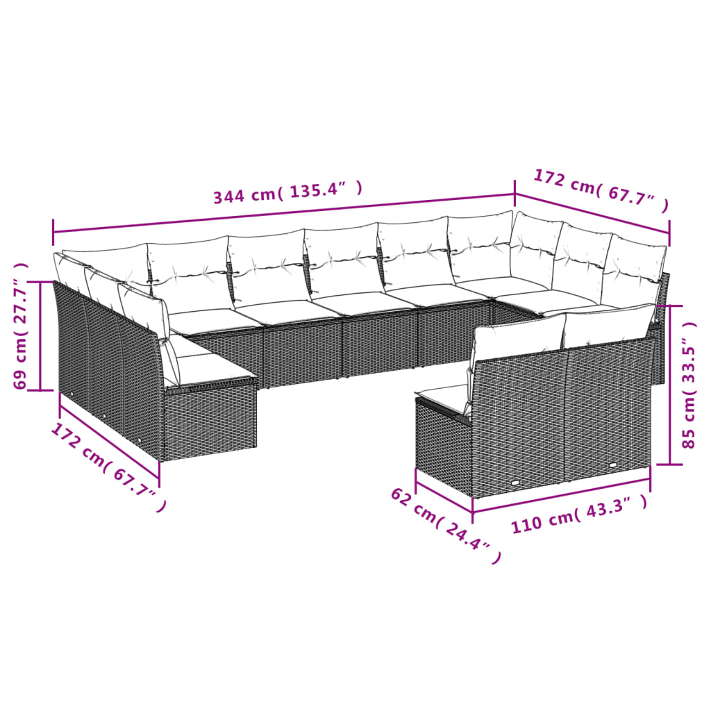 10-delige Loungeset met kussens poly rattan