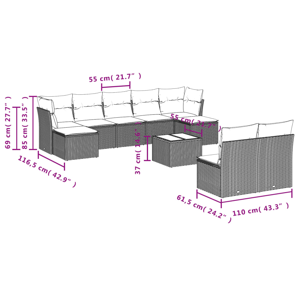 10-delige Loungeset met kussens poly rattan