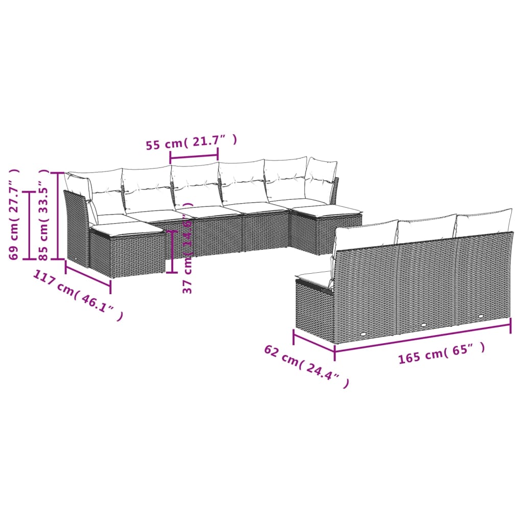 11-delige Tuinset met kussens poly rattan beige