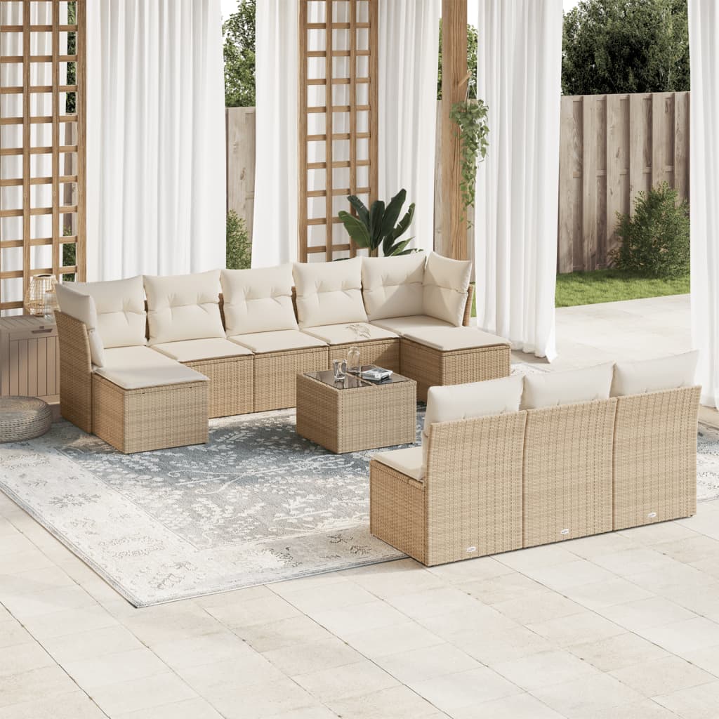 11-delige Tuinset met kussens poly rattan beige