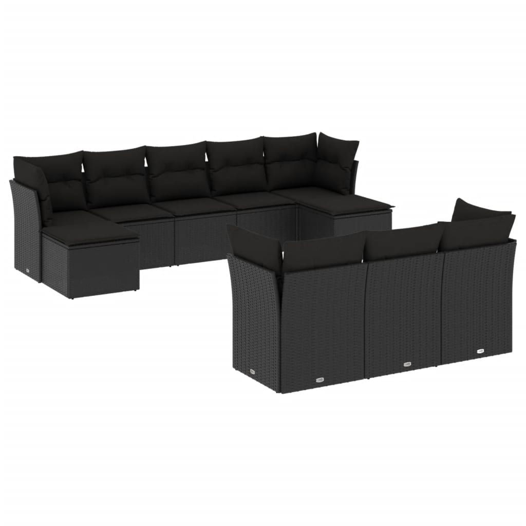 11-delige Loungeset met kussens poly rattan zwart