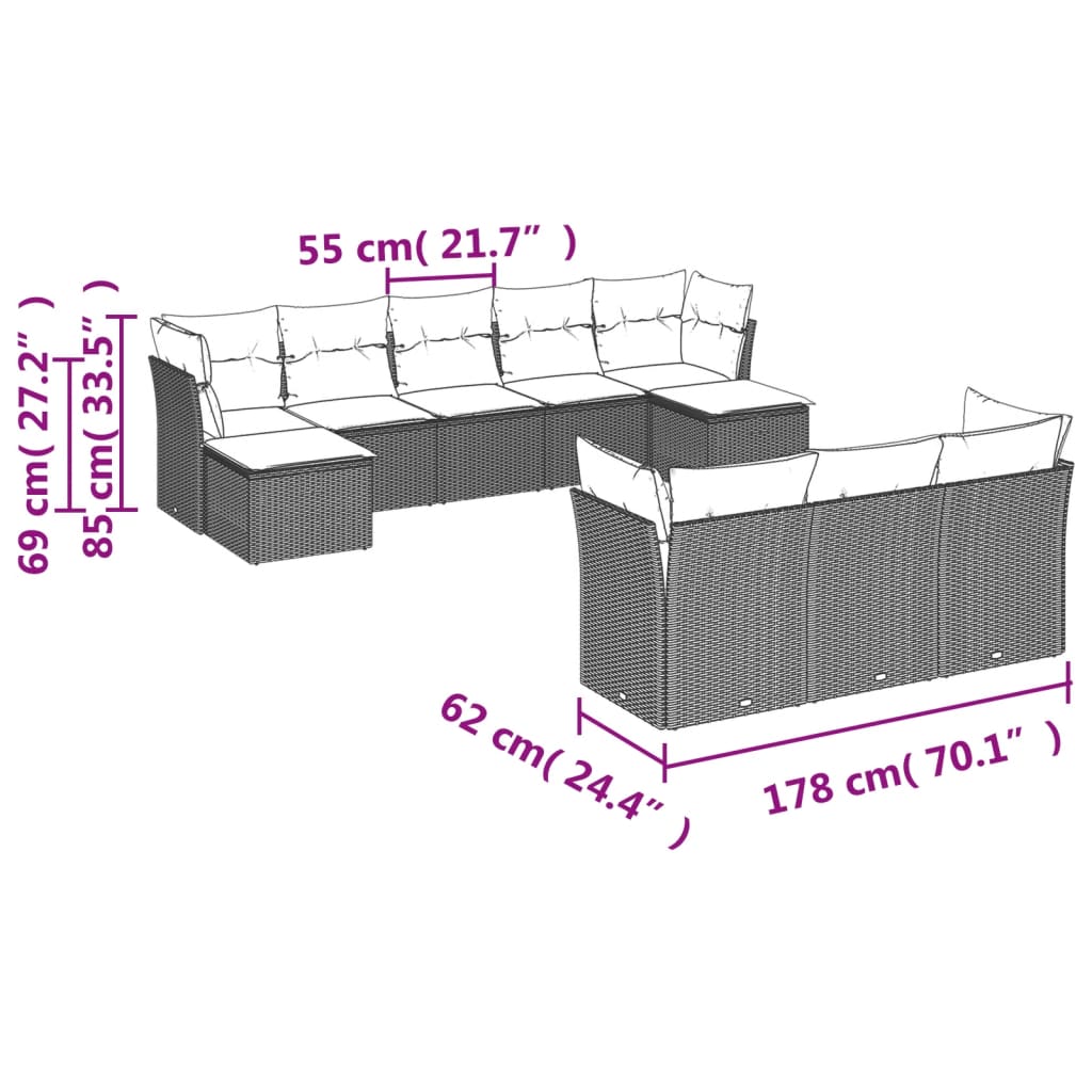 11-delige Loungeset met kussens poly rattan zwart