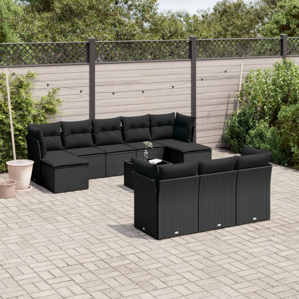 11-delige Loungeset met kussens poly rattan zwart